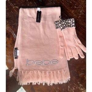 Bebe Womens Pink Knit Scarf and Glove Set Metallic‎ Logo Fringe OSFM NEW